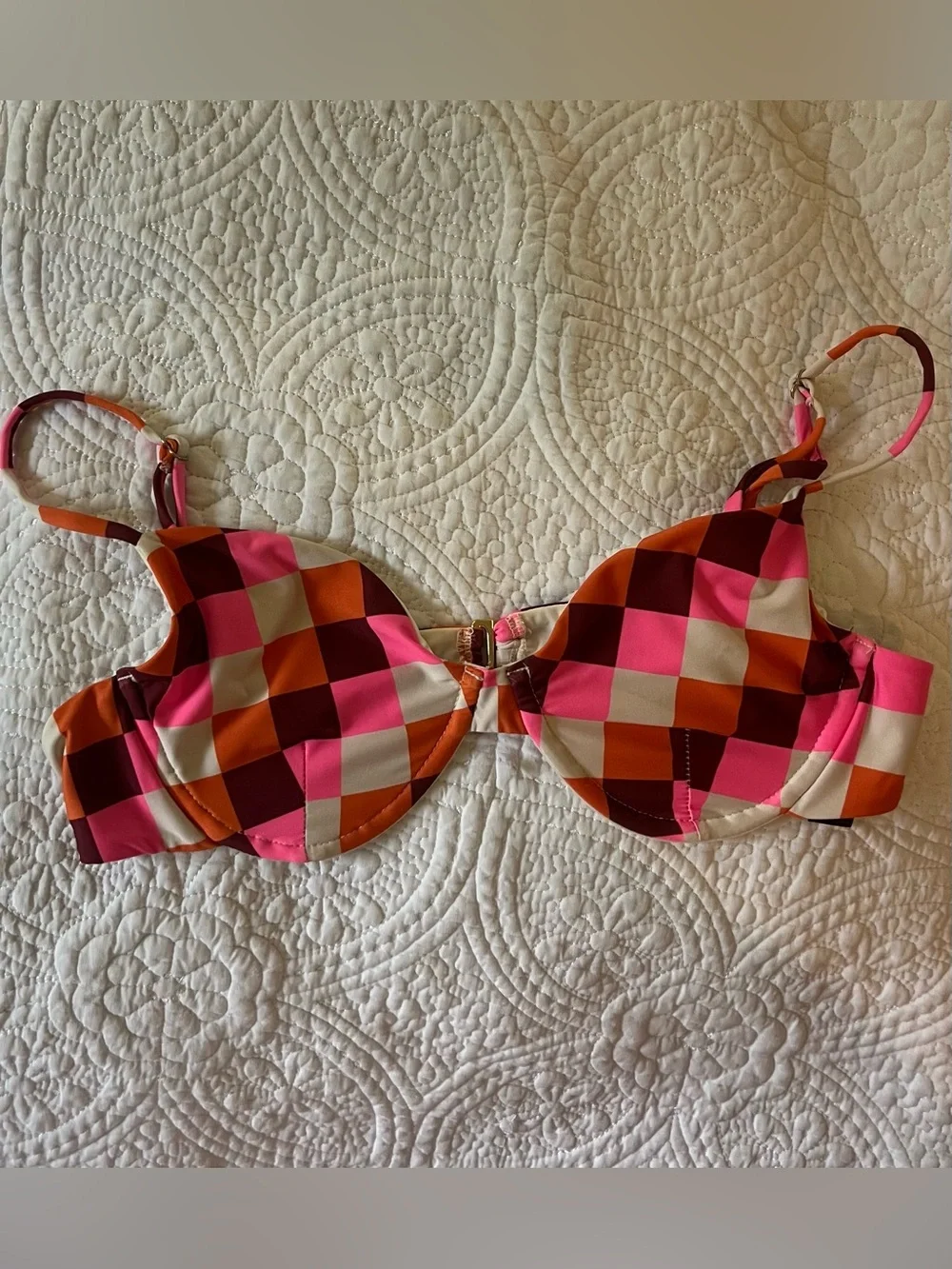Beach Riot Pink Orange Brown Cream Checkered Bikini Top